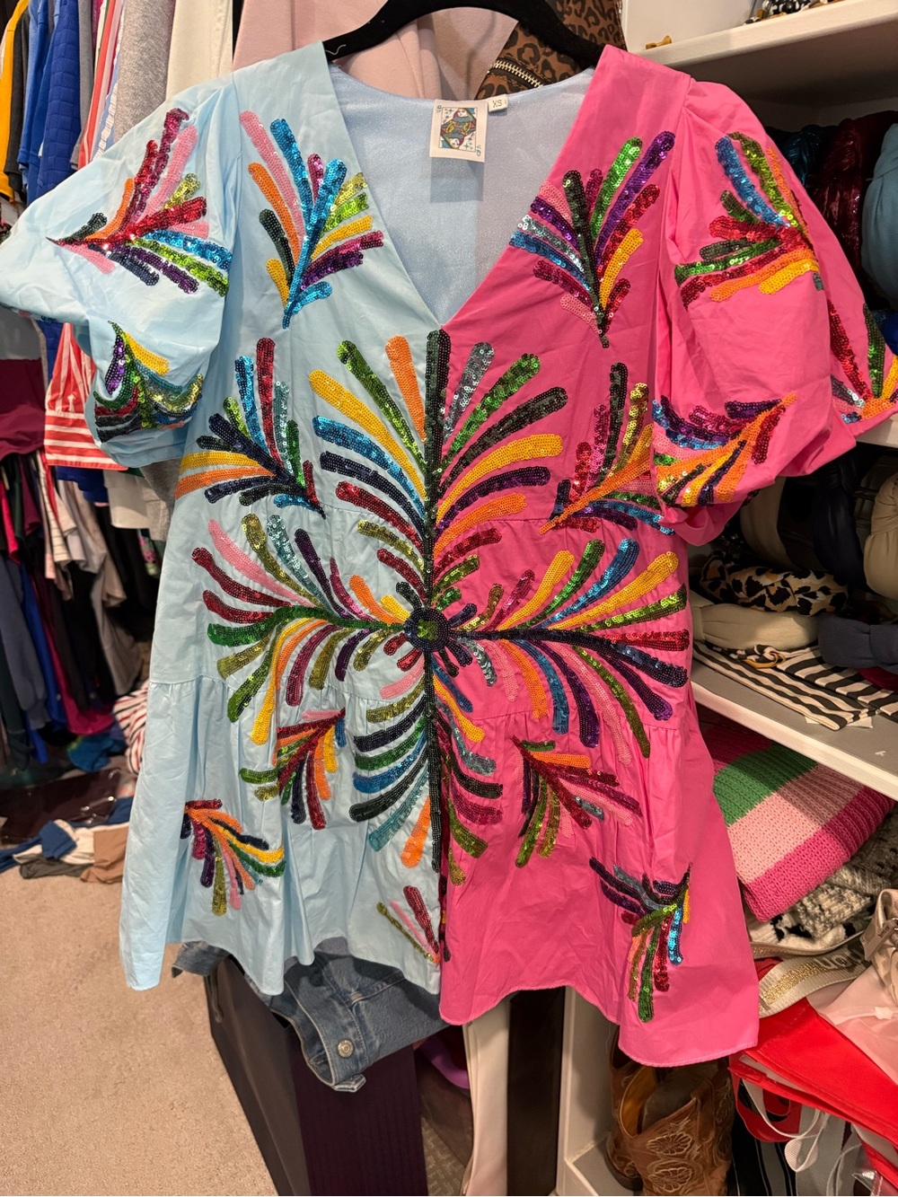 Colorblock Sequin Burst Mini Dress - Blue & Pink - Picture 3 of 3